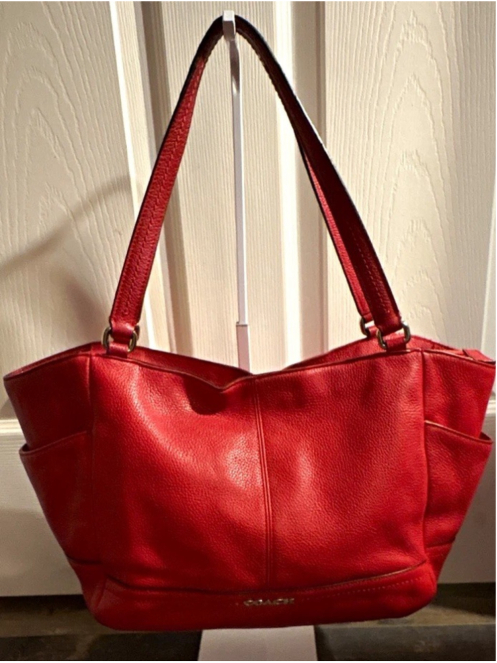 Coach 36898E Red Pebbled Leather Large Tote Shoulder Bag Side Pockets